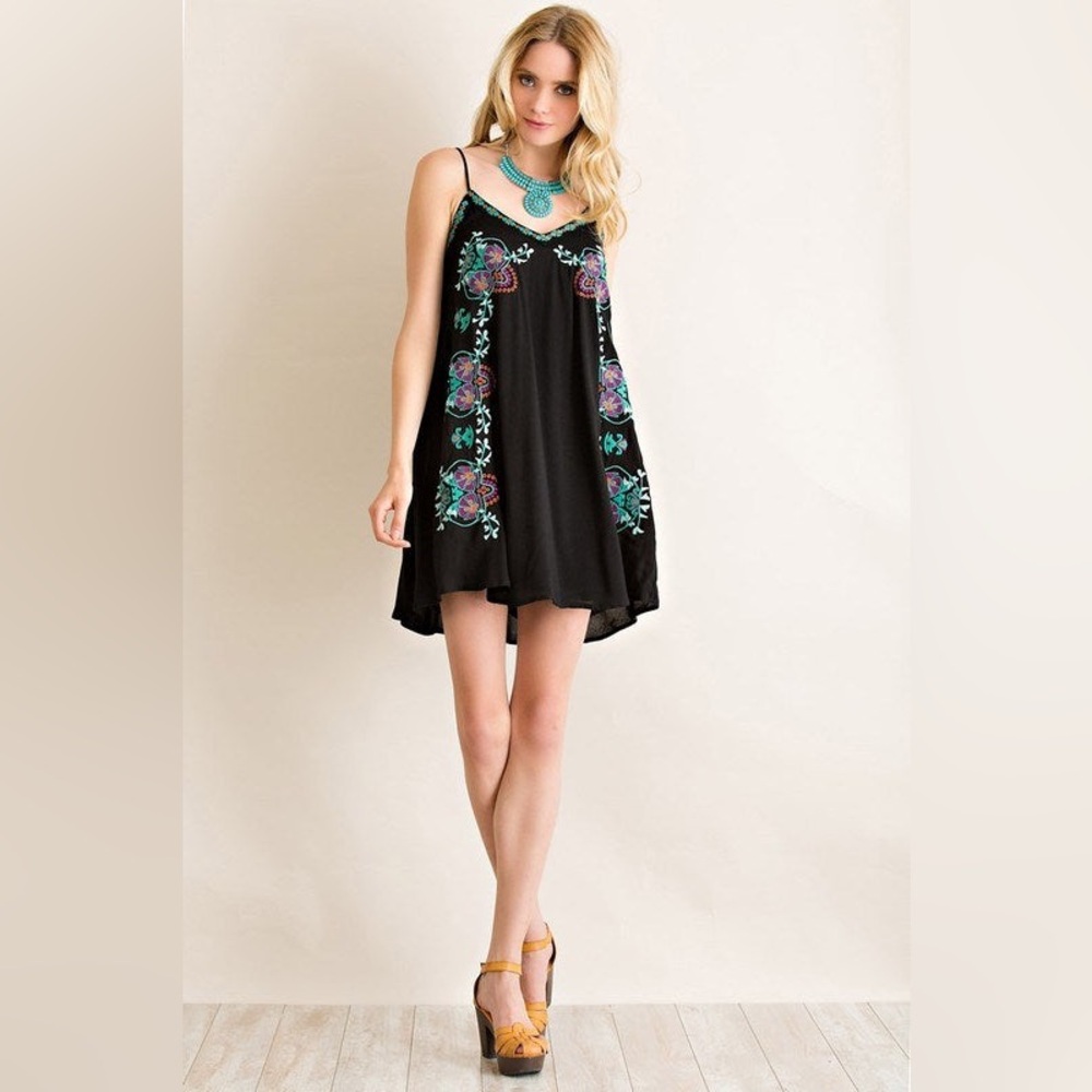 entro Black Teal & Purple Embroidered Tribal Spaghetti Strap A-Line Mini Dress